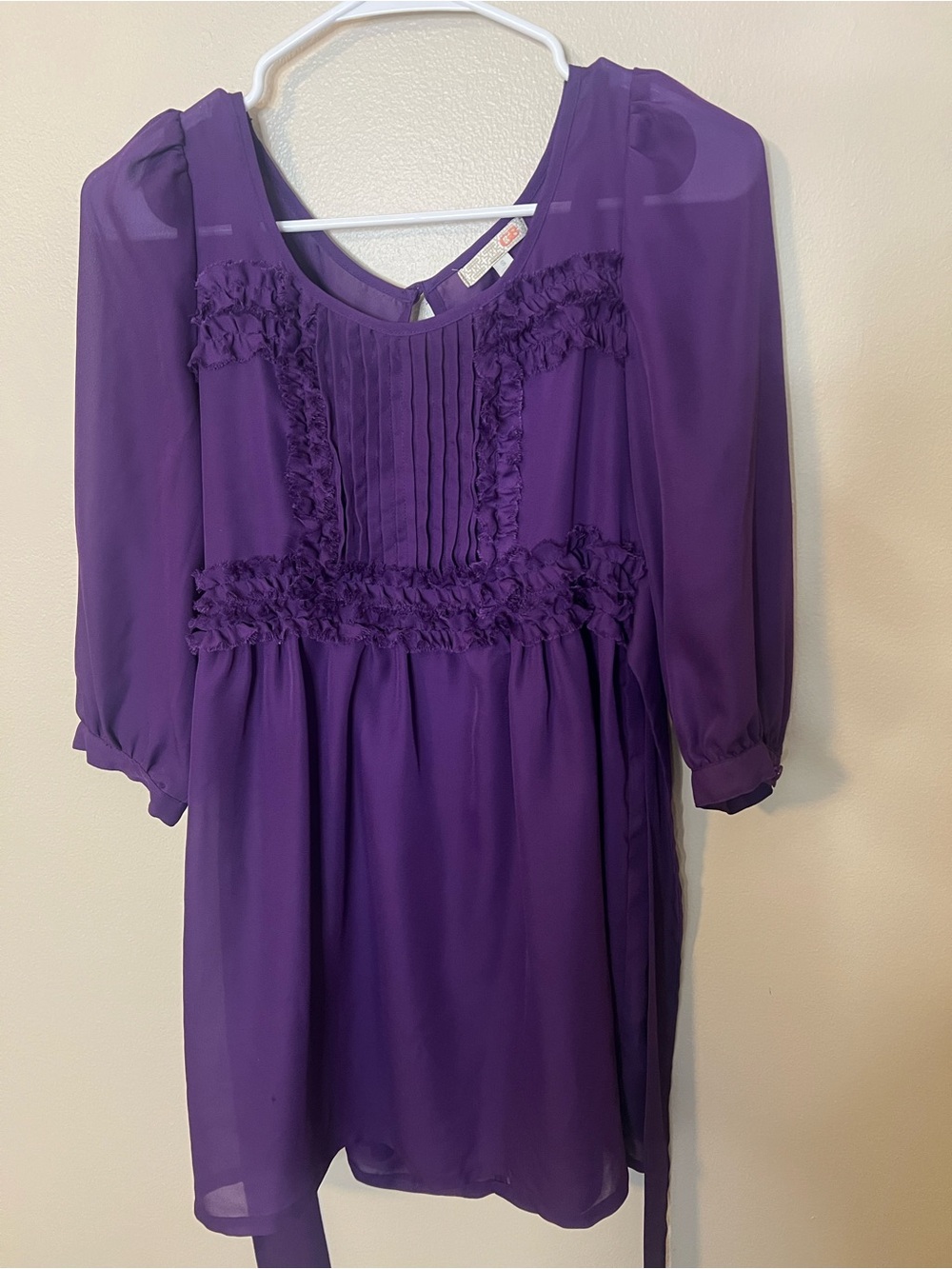 GB Purple Chiffon Mini Dress With 3/4 Balloon Sleeves And Tie Waist